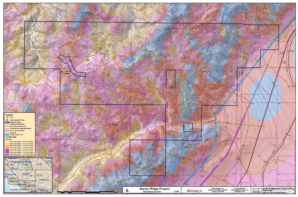 Map of Barren Ridge Wind's location in the Tehachapi Mountains